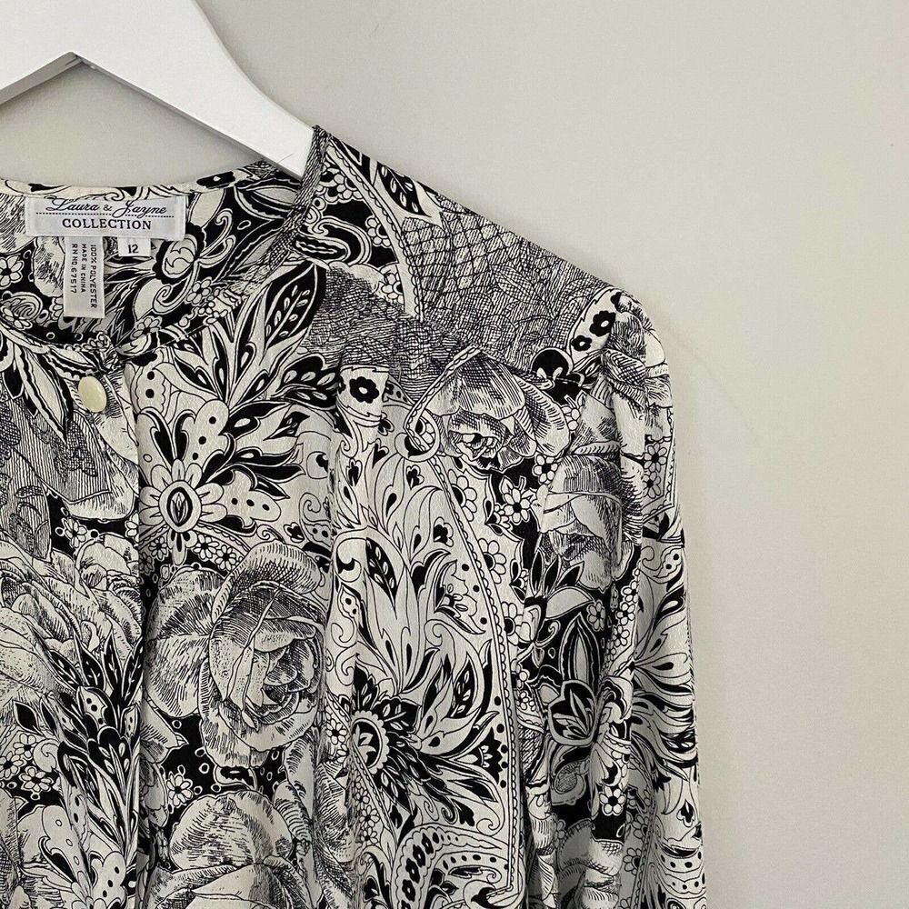 Vintage LAURA & JAYNE Button Up Blouse Secretary Paisley Black White Size 12 - Picture 3 of 12